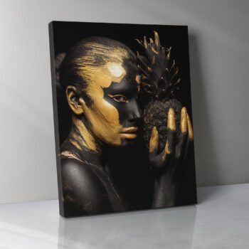Golden Pineapple Muse black & gold canvas print by Artfy Canvas – tropical fruit canvas painting, wall paintings, artwork for wall décor