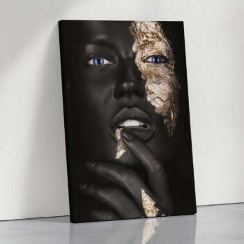 Dual Essence Eyes of Sapphire and Gold black & gold canvas print by Artfy Canvas – surreal portrait canvas painting, wall paintings, artwork for wall décor