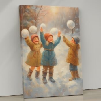 Winter Joy children snow scene canvas print by Artfy Canvas – playful winter canvas painting, wall paintings, artwork for wall décor