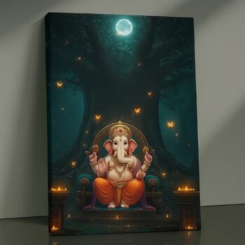 Moonlit Grace of Ganesha religious canvas print by Artfy Canvas – serene Hindu canvas painting, wall paintings, artwork for Indian home décor