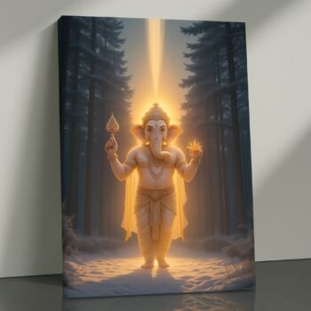 Sacred Light in Snow Ganesha religious canvas print by Artfy Canvas – unique Hindu deity canvas painting, wall paintings, artwork for home décor
