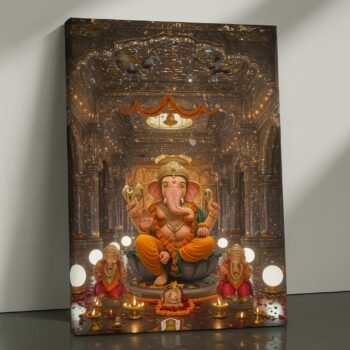 Majestic Divine Hall Ganesha religious canvas print by Artfy Canvas – temple hall Hindu canvas painting, wall paintings, artwork for Indian homes
