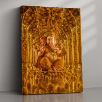 Golden Laddoo Reverence Ganesha religious canvas print by Artfy Canvas – laddoo offering Hindu canvas painting, wall paintings, artwork for Indian décor