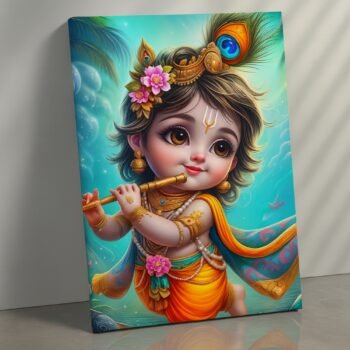 Joyful Divine Play Krishna religious canvas print by Artfy Canvas – playful devotional Hindu canvas painting, wall paintings, artwork for Indian décor
