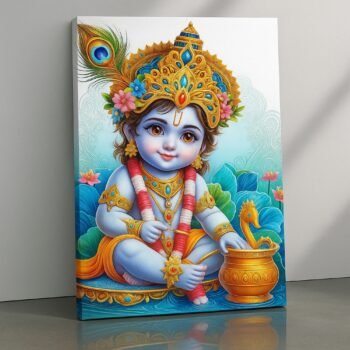 Lotus Charm Krishna religious canvas print by Artfy Canvas – floral devotional Hindu canvas painting, wall paintings, artwork for home décor