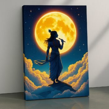 Moonlit Symphony Krishna religious canvas print by Artfy Canvas – devotional Hindu deity canvas painting, wall paintings, artwork for Indian décor