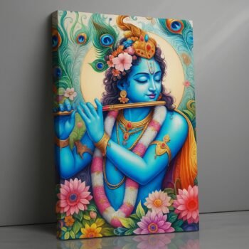 Divine Melody Bloom Krishna religious canvas print by Artfy Canvas – flute devotional Hindu art canvas painting, wall paintings, artwork for spiritual décor