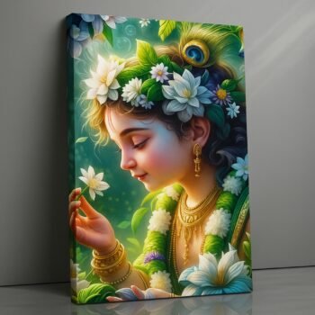 Blissful Lotus Grace Krishna religious canvas print by Artfy Canvas – lotus devotional Hindu canvas painting, wall paintings, artwork for wall décor