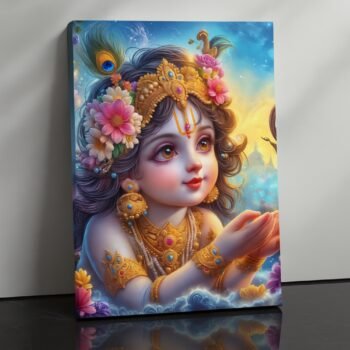 Blossoming Grace Krishna religious canvas print by Artfy Canvas – floral devotional Hindu canvas painting, wall paintings, artwork for Indian décor