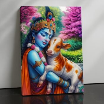 Pastoral Bliss Krishna religious canvas print by Artfy Canvas – rural devotional Hindu canvas painting, wall paintings, artwork for Indian décor