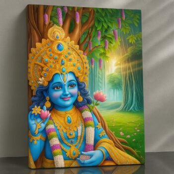 Lotus Blessing Krishna religious canvas print by Artfy Canvas – lotus devotional Hindu deity canvas painting, wall paintings, artwork for Indian homes