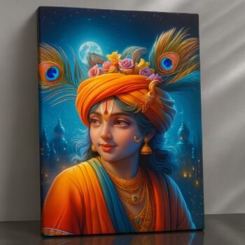 Moonlit Grace Krishna religious canvas print by Artfy Canvas – devotional Hindu canvas painting, wall paintings, artwork for spiritual décor