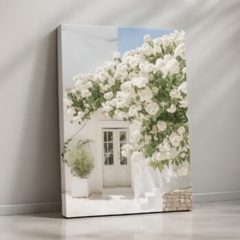 Whispering Blooms white flower courtyard canvas print by Artfy Canvas – floral canvas painting, wall paintings, artwork for wall décor