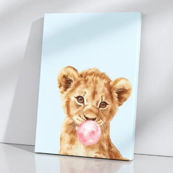 Bubblegum Cub playful lion canvas print by Artfy Canvas – animal pop art canvas painting, wall paintings, artwork for wall décor