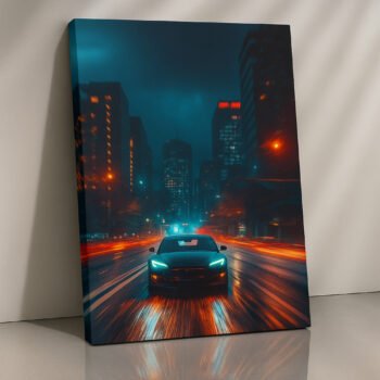 Tesla Night Drive futuristic neon EV canvas print by Artfy Canvas – modern car canvas painting, wall paintings, artwork for wall décor