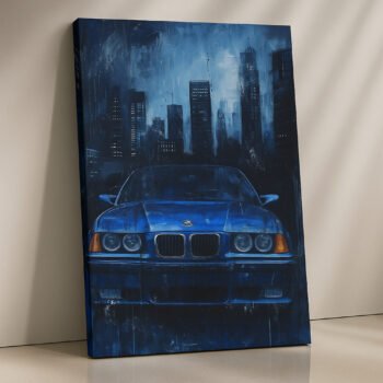 Rainy City BMW E36 blue drift car canvas print by Artfy Canvas – JDM automotive canvas painting, wall paintings, artwork for wall décor