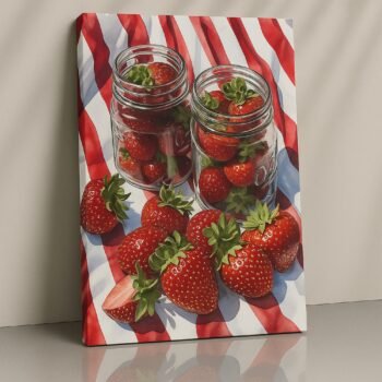 Fresh Strawberries in Glass Jars rustic canvas print by Artfy Canvas – still life canvas painting, wall paintings, artwork for wall décor