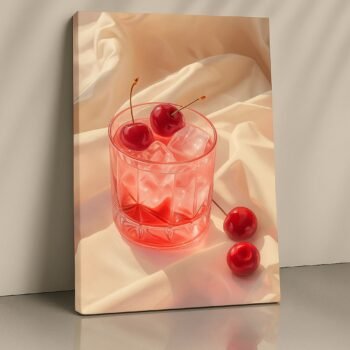 Cherries in Glass with Ice still life canvas print by Artfy Canvas – modern fruit canvas painting, wall paintings, artwork for wall décor