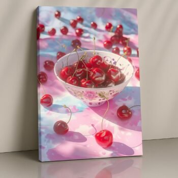 Bowl of Cherries on Pink Cloth romantic canvas print by Artfy Canvas – fruit still life canvas painting, wall paintings, artwork for wall décor