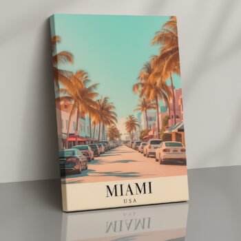 Miami Beach pastel skyline canvas print by Artfy Canvas – tropical cityscape canvas painting, wall paintings, artwork for wall décor