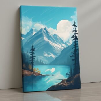 Azure Serenity mountain lake landscape canvas print by Artfy Canvas – tranquil nature canvas painting, wall paintings, artwork for wall décor
