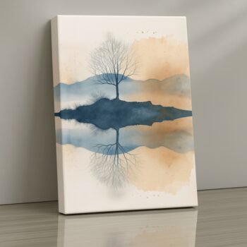 Mistbound Reflection blue tree canvas print by Artfy Canvas – serene landscape canvas painting, wall paintings, artwork for meditation décor