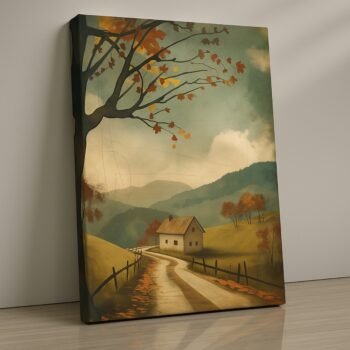 Velvet Mirage countryside autumn house canvas print by Artfy Canvas – rustic seasonal canvas painting, wall paintings, artwork for wall décor