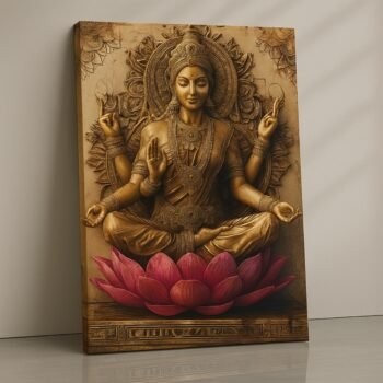 Lakshmi Goddess canvas print with lotus and gold tones, premium spiritual wall art ready to hang.
