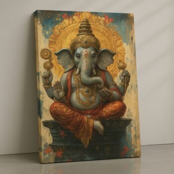 Hanuman spiritual canvas wall art with gold aura, ready to hang.