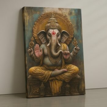 Goddess Lakshmi canvas art with gold light and lotus motifs, ready to hang.
