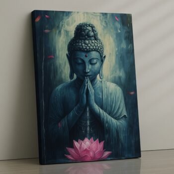 Buddha canvas with lotus motifs and soft tones, spiritual wall art.