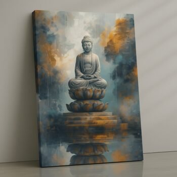 Meditative Buddha canvas print with gold and blue tones, premium stretched canvas ready to hang.
