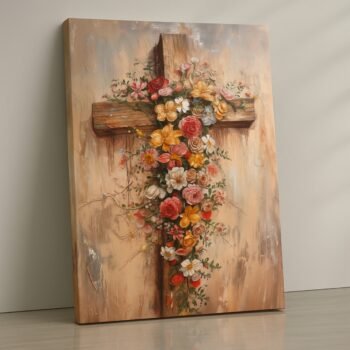 Wooden cross with colorful flowers canvas print, Christian wall art ready to hang.