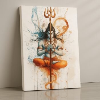 Lord Shiva meditation canvas with trishul, blue and orange tones, premium print.