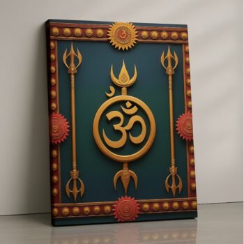 Om symbol canvas print in gold and emerald tones, spiritual decor ready to hang.