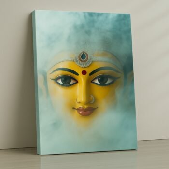 Goddess Durga eyes canvas in gold tones with mist effect, premium spiritual art.