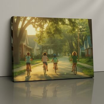Golden Circuit nostalgic childhood cycling canvas print by Artfy Canvas – family bonding summer evening wall décor