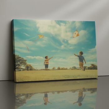 Quantum Breeze kids flying kites canvas print by Artfy Canvas – playful family bonding wall painting