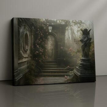 Garden of Echoes gothic courtyard canvas print by Artfy Canvas – romantic stone architecture wall painting