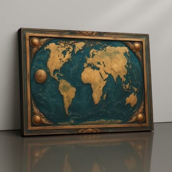Terra Blueprint teal and gold vintage world map canvas print by Artfy Canvas – cultural exploration wall décor