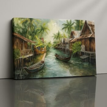 Liquid Serenity tropical riverside boats & houses canvas print by Artfy Canvas – cultural lifestyle wall décor