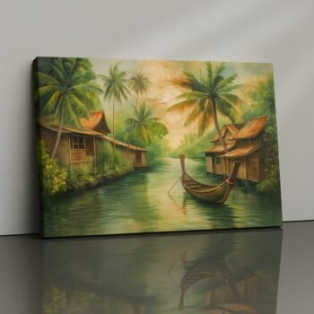 Cyber Tropics futuristic tropical riverside canvas print by Artfy Canvas – glowing surreal nature wall décor