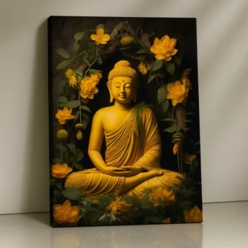 Blossoming Light Buddha Canvas Print with golden floral accents.
