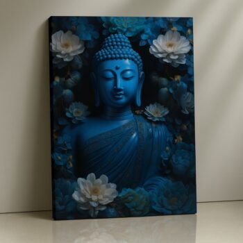 Serene Sapphire Bloom Buddha Canvas Print with blue tones and lotus blossoms.
