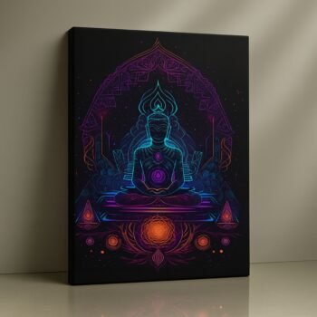 Cosmic Serenity Buddha Canvas Print with glowing mandala backdrop.