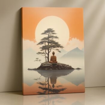 Sunset Reflection Buddha Canvas Print with sunset glow and still water.