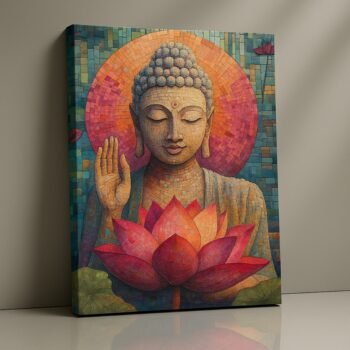 Lotus Radiance Buddha Canvas Print with lotus bloom and mosaic details.