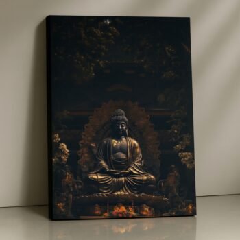 Golden Reverence Buddha Canvas Print with golden light and temple backdrop.