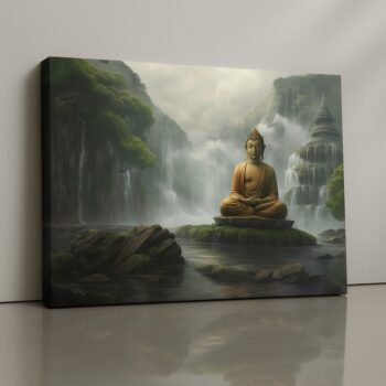 Tranquil Waterfalls Canvas Print with cascading water and forest greenery.