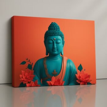 Radiant Coral Calm Buddha Canvas Print in turquoise and coral backdrop.